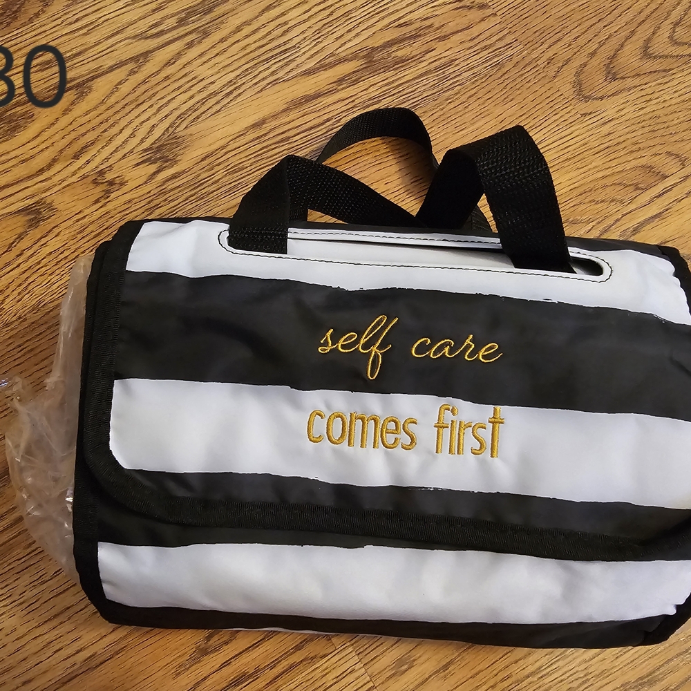 Striped 'Self Care Comes First' Cosmetic Travel Bag